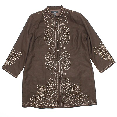 #ad NWT Silk Land Embroidered Paisley Lined Jacket Size 2X Brown Silk Rayon