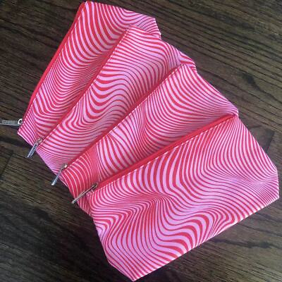 4 x Clinique Cosmetic Bags PINK Red Swirl Stripe Toiletry Travel Case Makeup $6.99