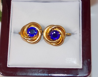 #ad Vintage Love Knot Sapphire Blue color Glass Rhinestone Screw Earrings 10e 12