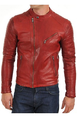 #ad Men#x27;s Asymmetrical Zipper Slim Fit Moto Red Biker Real Leather Jacket