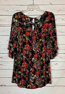 #ad Umgee USA Boutique Women#x27;s S Small Black Red Floral 3 4 Sleeves Cute Tunic Top