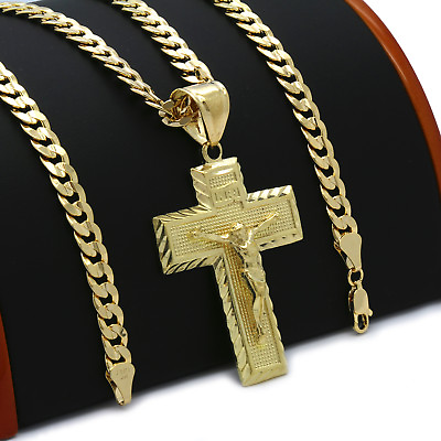Men#x27;s 18k Gold Plated JESUS CROSS L Hip Hop Pendant 6mm Cuban Chain Necklace $14.99