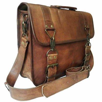 Men#x27;s Shoulder Messenger Laptop Briefcase Bag Genuine Goat Leather Vintage Brown $55.90