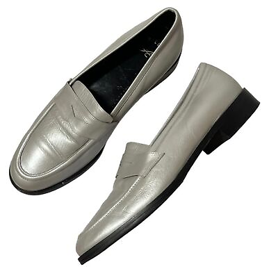 #ad Amalfi Shoes Pillow Comfort Silver Leather Loafers Women’s Size 8 Preppy Flats