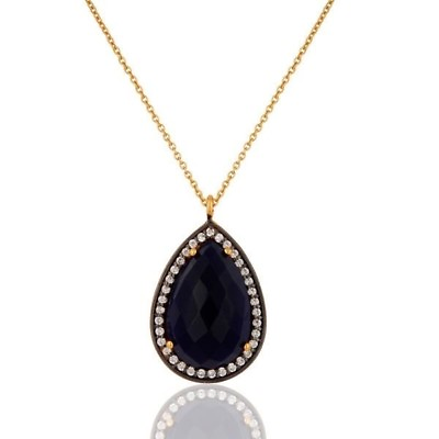 #ad CZ Corundum Blue Gemstone 925 Silver Gold Plated Designer Chain Pendant