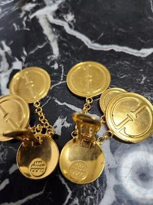 #ad GUCCI Earrings Double G Logo Gold Metal Coin Chain Circle Round Shape Swing
