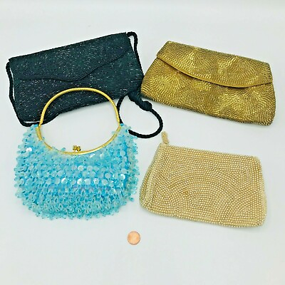 #ad 1960s 4 Vintage Beaded Evening Bags Purses Clutches Drag Holiday Sequins