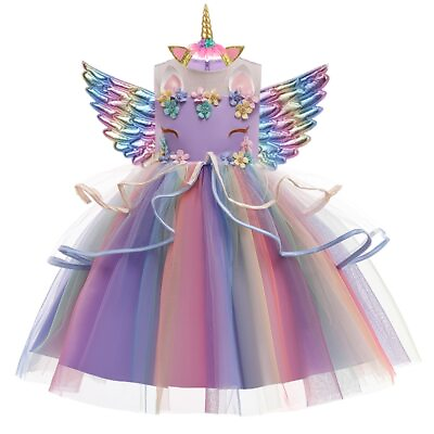 #ad Girls Unicorn Dress Pastel Rainbow Princess Dress Unicorn Perform Costume