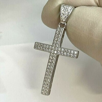 #ad 2Ct Lab Created Diamond Round Cross Pendant 14K White Gold Silver Plated