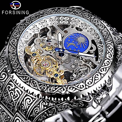 #ad Forsining Skeleton Carved Tourbillon Mechanical Watches Moon Dial Mens Watch