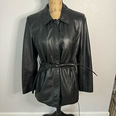 #ad Wilsons Leather Women Black Size M Tie Waist Zip Jacket Thinsulate Heavy Punk