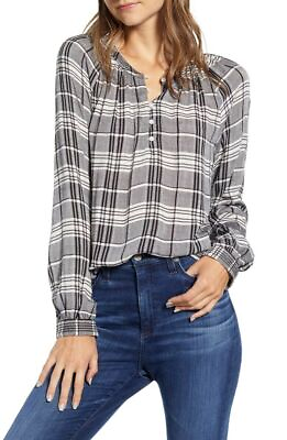 #ad LUCKY Womens Top Jessica Plaid Popover Black Grey Plaid Size XS $79 NWT
