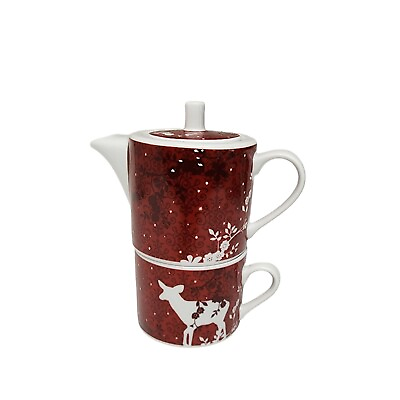 #ad Rosanna Deer amp; Birds Red Porcelain Stacking Teapot amp; Teacup for One