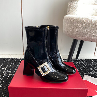 #ad Roger Vivier Women#x27;s Patent Leather Diamond Buckle Thick Heeled Short Boots