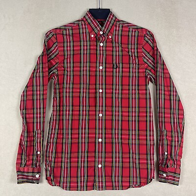 Fred Perry Button Down Mens Slim Fit Shirt XS Long Sleeve Pockets Red Plaid $24.99