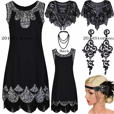 Vintage 1920#x27;s Gatsby Sequins Beaded Embellished Evening Dress Flapper Costumes