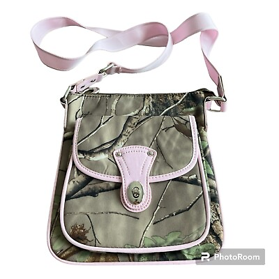 #ad Realtree Camouflage Design Crossbody Purse Bag Pink Canvas Strap