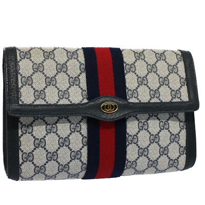 #ad GUCCI GG Supreme Web Sherry Line Clutch Bag Navy Red Auth 54338