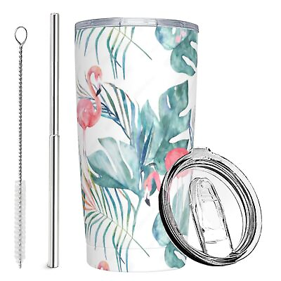 #ad Flamingo Tumbler with Lid and Straw 20 Oz Stainless Cup Steel Insulated Wate...