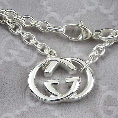 #ad GUCCI GG Interlocking Logo Pendant Necklace 17.5quot; Silver Ag925 w Box