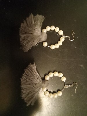 #ad Plunder Jewelry Designs Boho Hoop Earrings Pearl With Gray Tassle