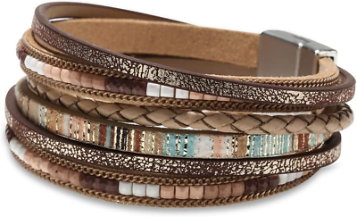 #ad Leather Wrap Bracelets Women Boho Leopard Multilayer Crystal Beads Cuff Bracelet