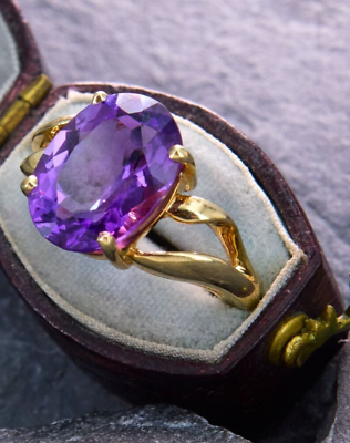 #ad 925 Sterling Silver Oval Amethyst Cocktail Ring Yellow Gold Plated