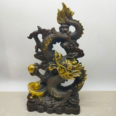 #ad Collectible Chinese Bronze Gildin Totem Dragon Send Wealth Ornament Statues