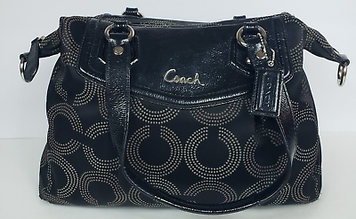 #ad Coach Purse Bag Canvas Leather Carryall Handbag Ashley Dotted Black F20068