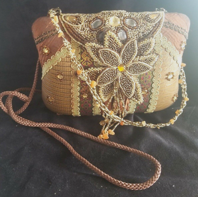 #ad Vintage Handbag Stunning Beaded Stones Embellished Clutch Purse Bag Brown Beige