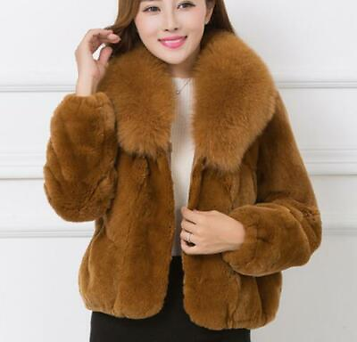 #ad Womens Real Rabbit Fur Coats Short Fox Fur Collar Warm Winter Outwear Jacket US