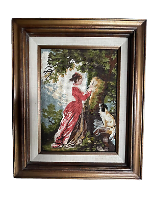 #ad Vintage Framed Needlepoint Art Woman Painting Dog 15 X 18 Beautiful