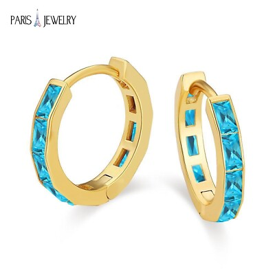 #ad Paris Jewelry 18K Yellow Gold Created Blue Topaz 3Ct Huggie Hoop Earrings Plated