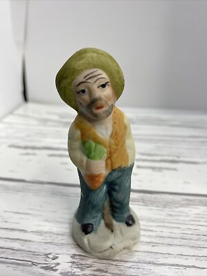 Vintage Farmer Porcelain Figurine with Carrots 3 1 2” Hobo Green Hat $4.98