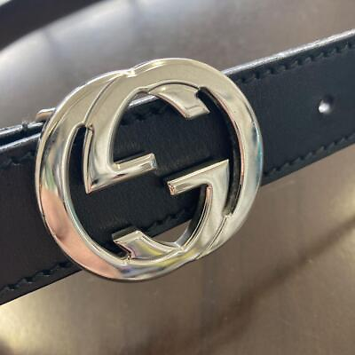 #ad GUCCI GG Buckle Belt Men#x27;s Genuine Leather Black Italy Gently Used