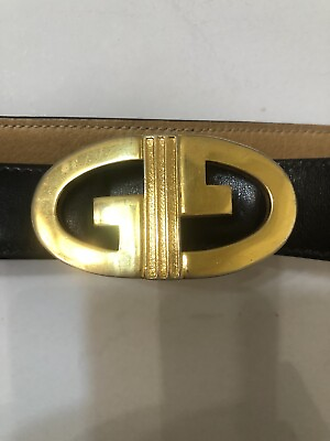 #ad Gucci authentic vintage 1970s black 1” leather gold logo buckle dress belt 28