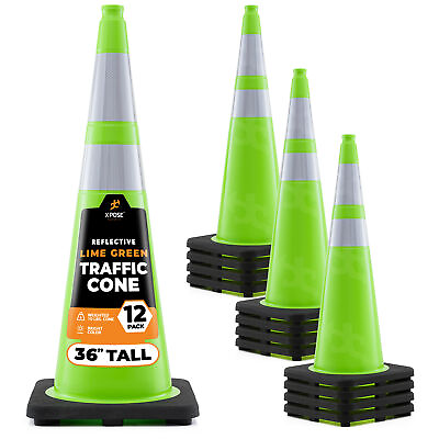 #ad 36” Lime Green Traffic Cone Dual 6quot; amp; 4quot; Reflective Collar – 12 Pack