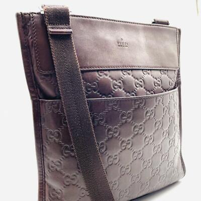 #ad Beauty Gucci Brown Leather Shoulder Bag with GG Pattern Mens Messenger Style