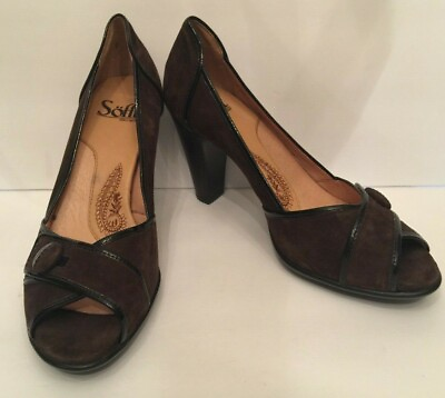 #ad Sofft Womens Classic Pumps Size 7.5M Brown Suede Patent Leather Trim Peep Toe