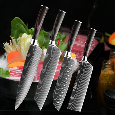 #ad 4 Pcs Kitchen Knives Set Japanese Damascus Pattern Stainless Steel Chef#x27;s Knife