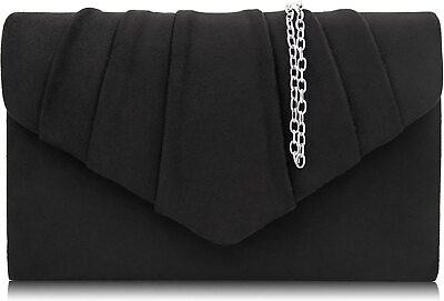 Women Evening Bag Suede Pleated Clutch Purse Envelope Clutches Black