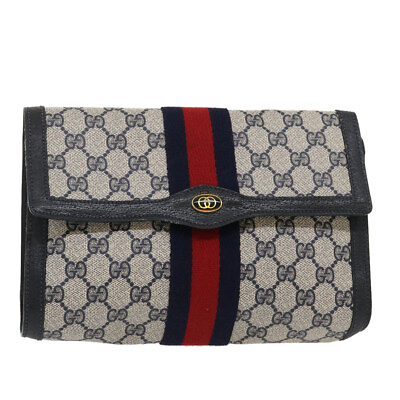 #ad GUCCI GG Canvas Sherry Line Clutch Bag Navy Red Auth yk4501