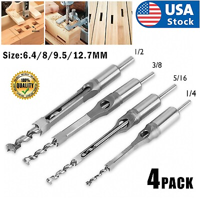 #ad 4Pc Woodworking Square Hole Drill Bits Wood Saw Mortising Chisel Cutter Tool Set