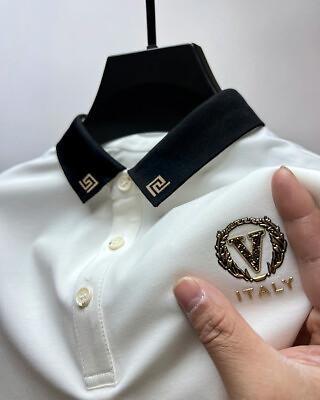 #ad New Men Luxury Italy Rhinestones Fashion Black White Polo T Shirt High Quality