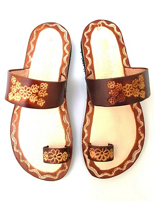 #ad Brown Beige w Flowers Women Toe ring Mexican Leather Handmade Sandal CZ06cfbg