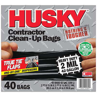 #ad Husky Heavy Duty Contractor Black Bags 42 Gallon 40 Bags 2 Mil 20% PCR