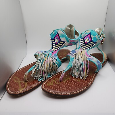 #ad #ad SAM EDELMAN Sandals Sz 9.5 GIBLIN Aztec Hippy Boho Turq Tye Dye Leather Tassel