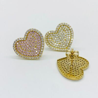 #ad 10k Solid Gold Pink White Heart CZ Stud Earrings Push Back for Women Girl