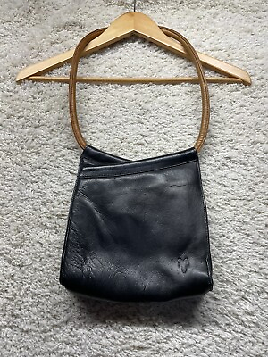 #ad Frye Vintage Handbag Black Genuine Leather Circle Handle Shoulder Bag Lined EC