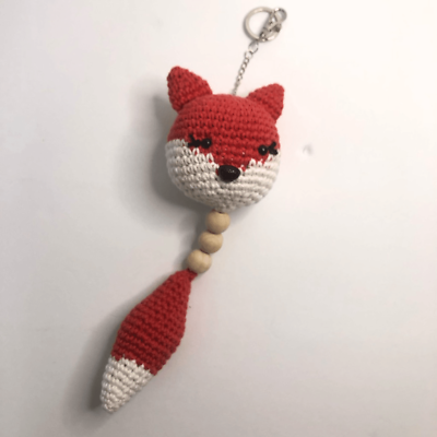 #ad red orange fox keychain handmade crochet wooden beads woodland animal